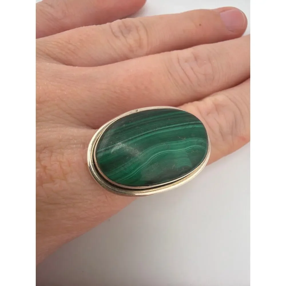 Large Oval Malachite 925 Sterling Silver Statement Ring Size 7